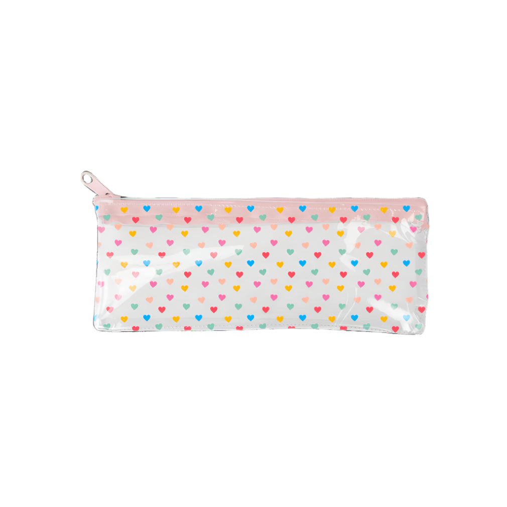 Product image: clear pencil pouch with small multicolor hearts and a pink zipper on a white background.
